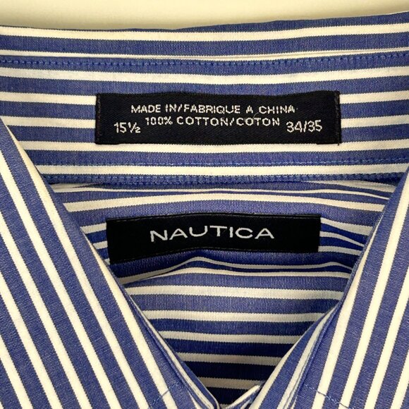 Nautica Shirt Mens 15.5 34/35 Blue White Striped Long Sleeve Button Down Cotton - Picture 5 of 12